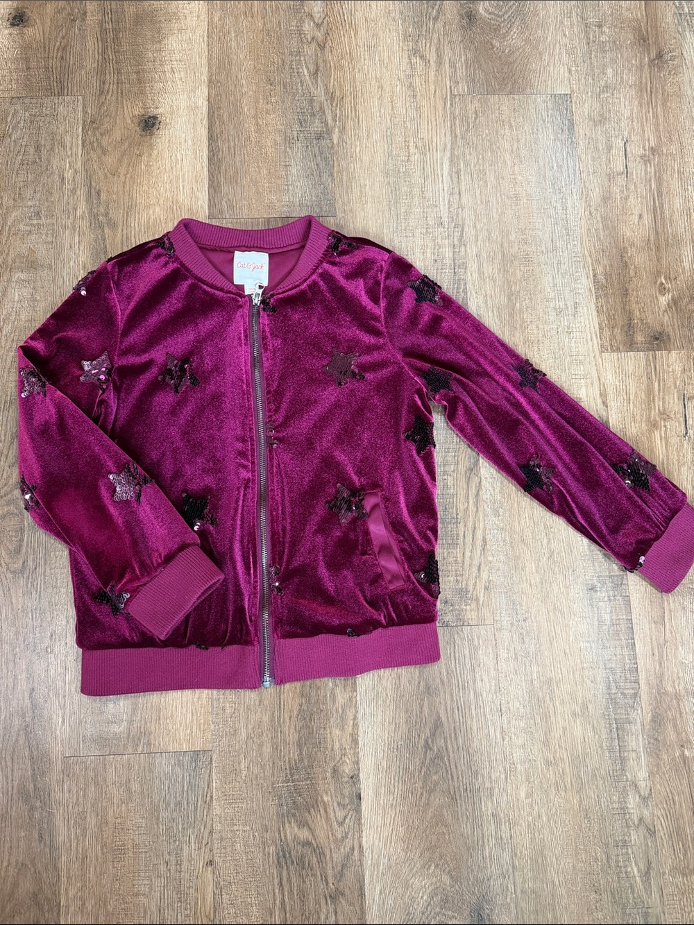 Cat&JackGirls' Velvet Bomber Jacket with Sequin Stars - Magenta